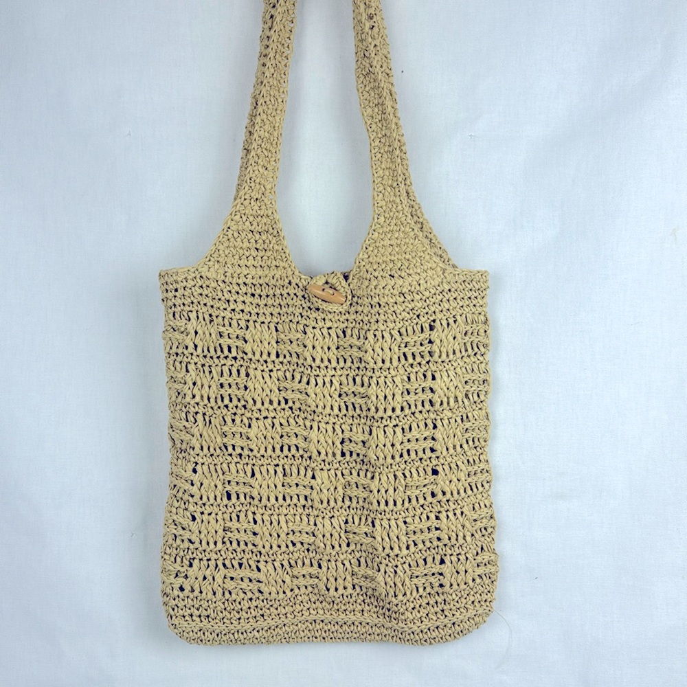 Woven raffia straw Boho tote bag purse with double straps. Fully lined. EUC
